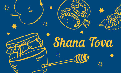 Jewish new year Rosh Hashanah composition with fruits and honey. Title in Hebrew Have a good year. Hand drawn vector sketch illustration