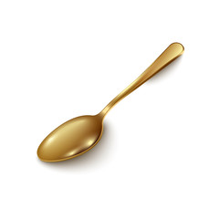 Golden tea or coffee shining spoon 3d realistic vector illustration isolated.