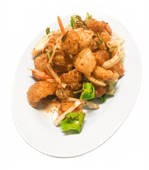 Crispy crackling salad or pork skin stir salad, Thai food on white background