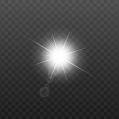 Bright white sun or star light with realistic lens flare isolated on dark background.