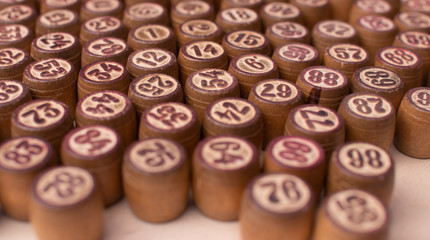 Old Wooden Lotto barrels. Table Game Bingo