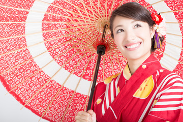 番傘を持った浴衣姿の女性