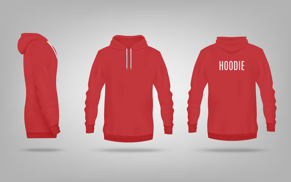 Colorful red hoodie mockup from front, back and side view.