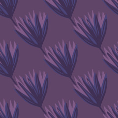 Dark seamless tulip bud pattern. Flower silhouettes and background in urple tones. Simple botanic backdrop.