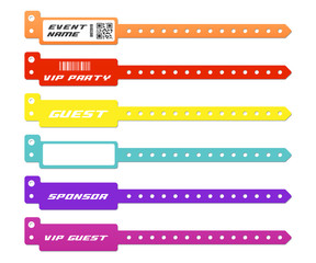 Set of access bracelets or wristbands realistic vector illustration isolated.