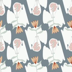 Seamless floral pattern with flowers and vases. Stone color background and white spots.