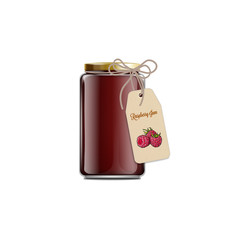 Raspberry jam or confiture in glass jar realistic vector illustration isolated.