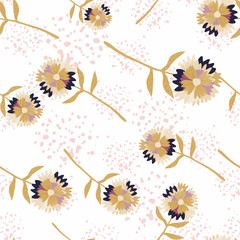 Fototapeta na wymiar Minimalism seamless blow-ball pattern. Isolated beige flowers on white background with pink splashes.