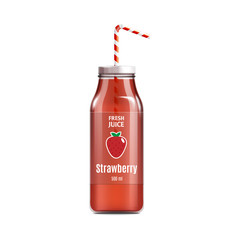 Obraz premium Strawberry juice glass bottle realistic vector illustration mockup isolated.