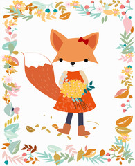 Fox girl in pastel flower and leave frame border
