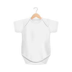 White baby onesie mockup on wooden hanger - realistic mock up