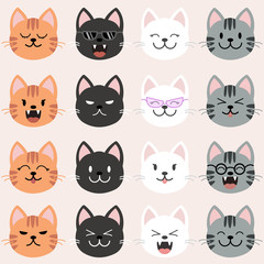 Fototapeta premium Vector illustration of funny cartoon cats, Collection of Cats heads emoticons. Vector silhouette of cats on cream background.