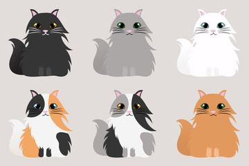 Vector silhouette set Isolated of cats on beige background, Cartoon cat set with different poses and emotions.