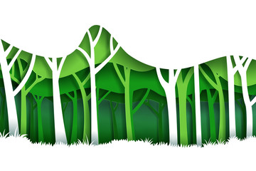 Vector landscape with green eco forest plantation. Background of landscape paper art style.