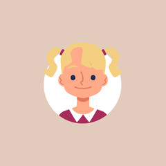 Blonde caucasian girl cartoon avatar face, flat vector illustration isolated.