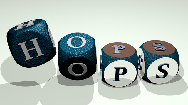 HOPS text by dancing dice letters - 3D illustration for beer and background