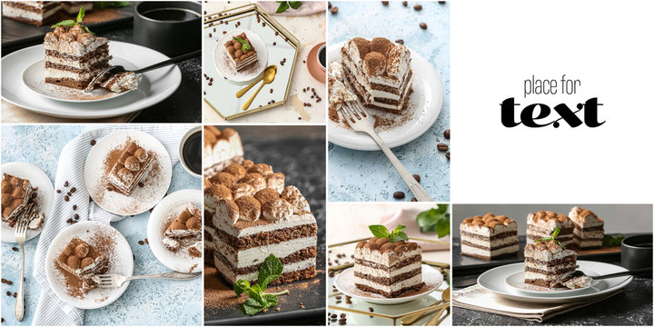 Collage of photos with tasty tiramisu and space for text