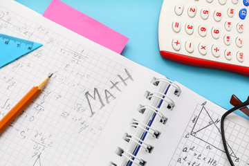 School stationery on color background