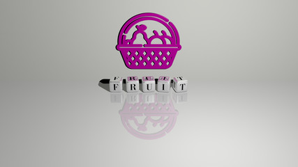 FRUIT text of cubic dice letters on the floor and 3D icon on the wall - 3D illustration for background and food