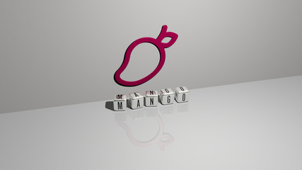 MANGO text of cubic dice letters on the floor and 3D icon on the wall - 3D illustration for background and fruit