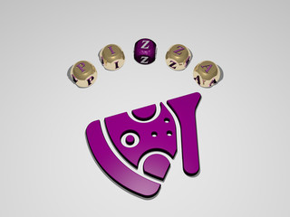 PIZZA circular text of separate letters around the 3D icon - 3D illustration for food and cheese