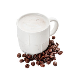 Cup of hot coffee on white background