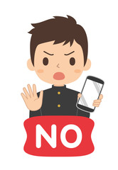 NOサインでスマホを持つ男の子のアイコン　高校生　中学生　イラスト