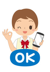 Obraz premium OKサインでスマホを持つ女の子のアイコン 高校生 中学生 イラスト