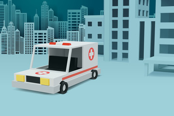 Hospital transport medical care clinic. Ambulance car on a city background. City landscape with skyscrapers.