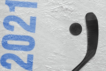 Hockey accessories lying on the ice arena