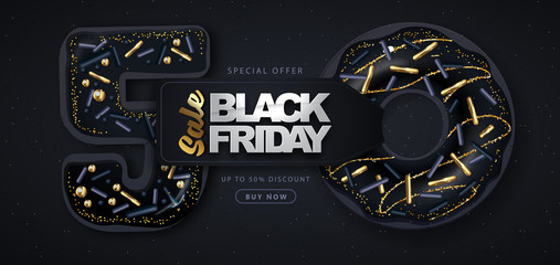 Black friday big sale poster with black sweet donuts on dark background
