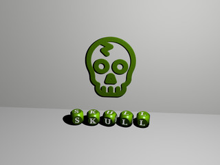 3D illustration of skull graphics and text made by metallic dice letters for the related meanings of the concept and presentations for background and black