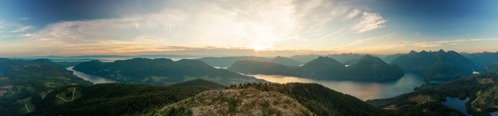 Beautiful Aerial Panoramic View of Canadian Nature Landscape from the top of Tin Hat Mountain during a sunny summer sunset. Taken near Powell River, Sunshine Coast, British Columbia, Canada.