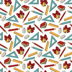 School seamless pattern. Bell, ruler, square, pencils, washing gum. White background, isolator. Stock illustration. Endless texture for your design.