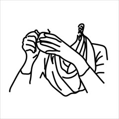 Autumn Cozy mood concept. line art female silhouette with a warming drink in hands. abstraction. For your creative design. Modern hand drawn vector illustration isolated on white background