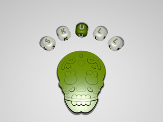 SKULL circular text of separate letters around the 3D icon - 3D illustration for background and black