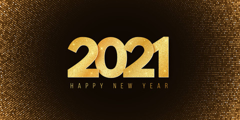 Abstract banner for Happy new year 2021. Festive background. Halftone glowing pattern. Golden glitter numbers. Greeting card. Vector illustration.
