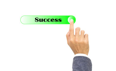 Hand of businessman switch button to success isolated on white background, Business success concept