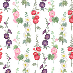 Beautiful seamless floral pattern with watercolor summer mallow flowers. Stock illustration.