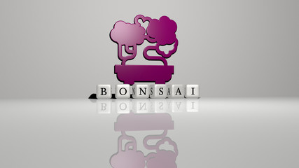 bonsai text of cubic dice letters on the floor and 3D icon on the wall - 3D illustration for tree and background