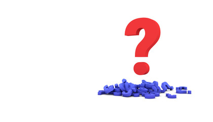 Red question mark on group of blue question marks. Isolated on white background. 3D rendered illustration.
