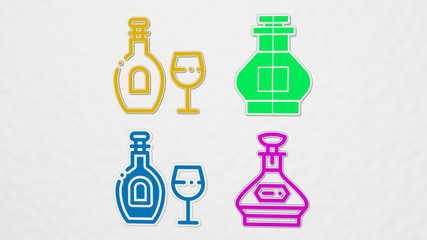 COGNAC colorful set of icons - 3D illustration for alcohol and glass
