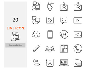 set of communication thin line icons, contact, video call