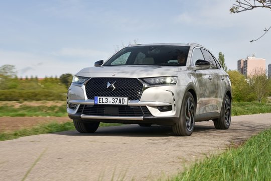 DS 7 Crossback - Plug-in hybrid. Car and original design. In the ride. 04-30-2020, Prague, Czech Republic.