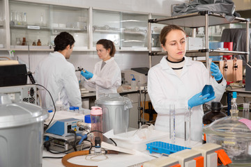 Young diligent efficient positive female lab technician working with reagents in test tubes during chemical experiment