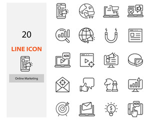 set of online marketing line icon, advertise, seo