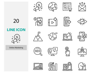 set of online marketing line icon, advertise, seo