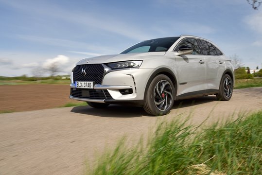 DS 7 Crossback - Plug-in hybrid. Car and original design. In the ride. 04-30-2020, Prague, Czech Republic.