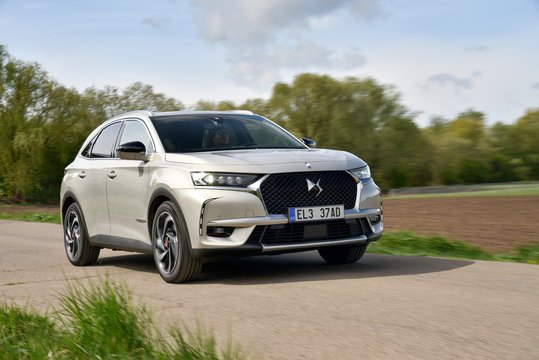 DS 7 Crossback - Plug-in hybrid. Car and original design. In the ride. 04-30-2020, Prague, Czech Republic.
