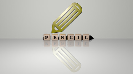 pencil text of cubic dice letters on the floor and 3D icon on the wall - 3D illustration for background and drawing